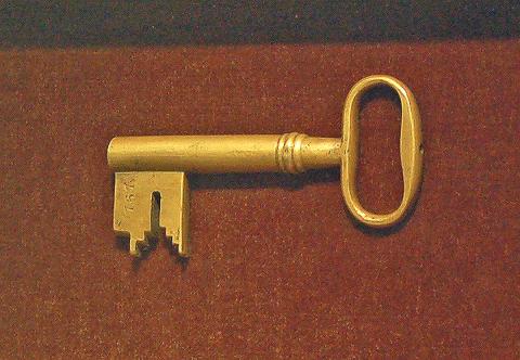 Original key to the Liberty Jail on display in the visitors' center. Taken in 2006.